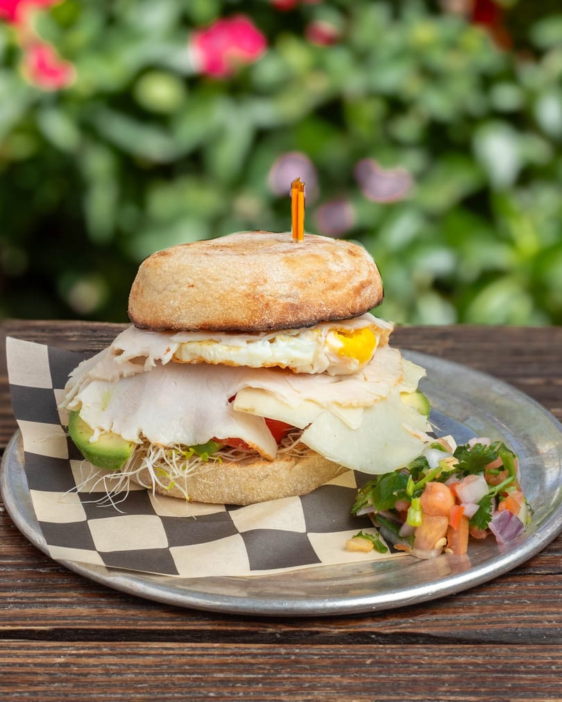 Breakfast sandwich with turkey, egg, avocado, sprouts, and salsa on a metal plate.